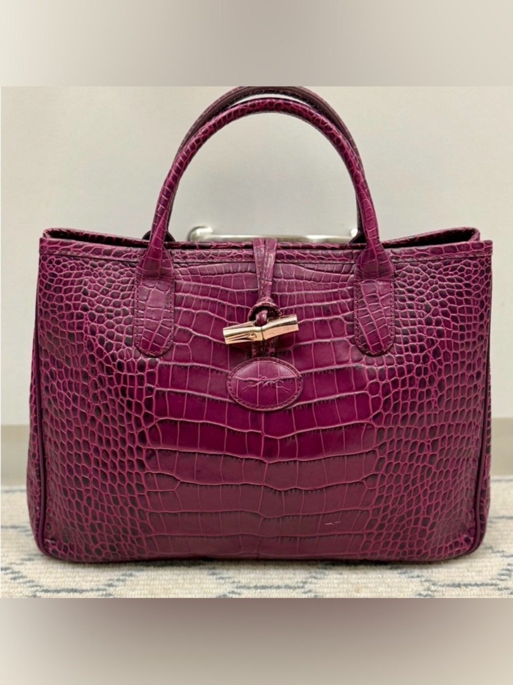 LONGCHAMP Chic Elegant Coquette Roseau Croc-Embossed Purple Leather Tote Bag